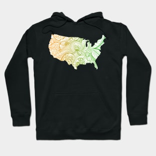 Colorful mandala art map of the United States of America in green and orange on white background Hoodie